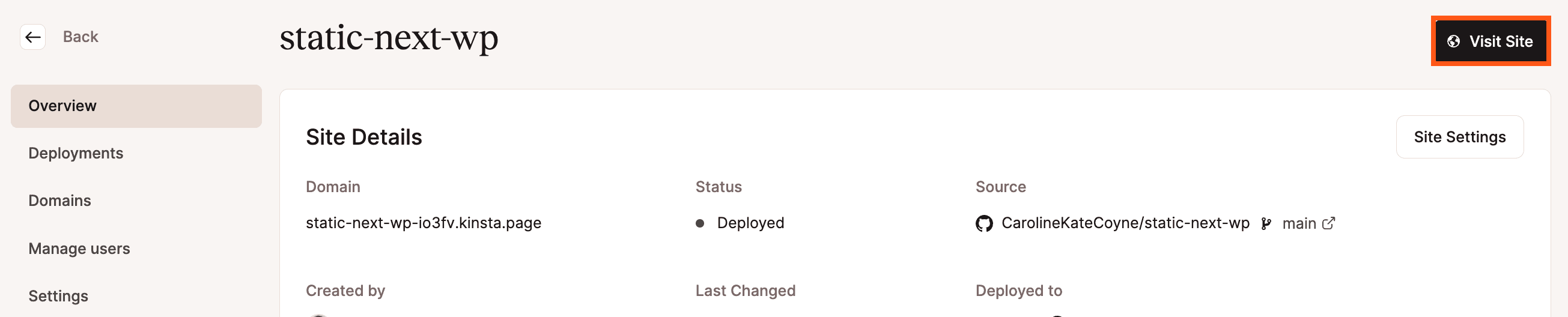 Use Visit Site to open your static site once it is successfully deployed.